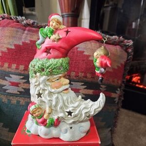 Vintage Ceramic Santa Claus Crescent Moon Elves 1994 9inches Christmas